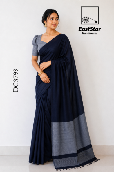 Deep Navy Blue Handloom Cotton Saree DC3799