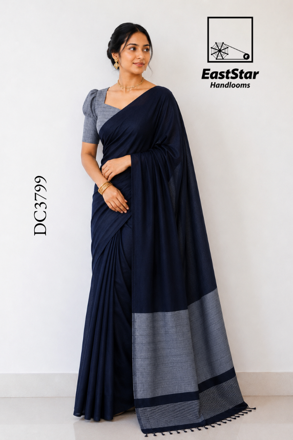 Deep Navy Blue Handloom Cotton Saree DC3799 Deep Navy Blue Handloom Cotton Saree DC3799
