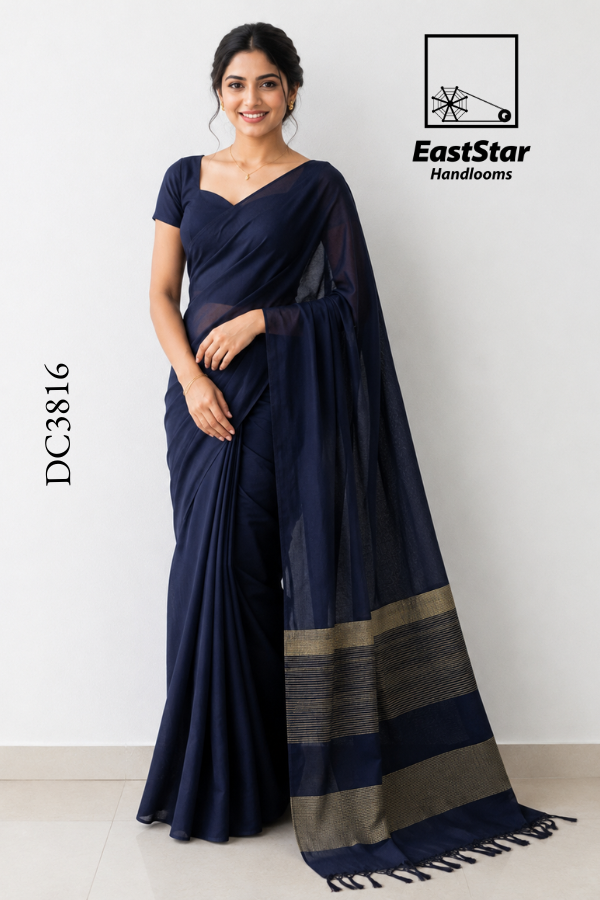 Navy Blue Handloom Cotton Saree DC3816 Navy Blue Handloom Cotton Saree DC3816