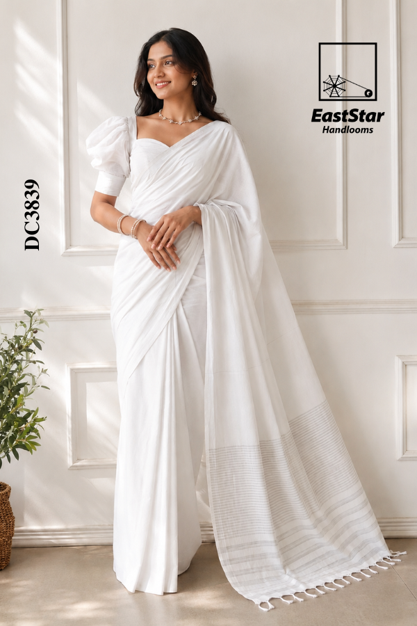 White Handloom Cotton Saree DC3839