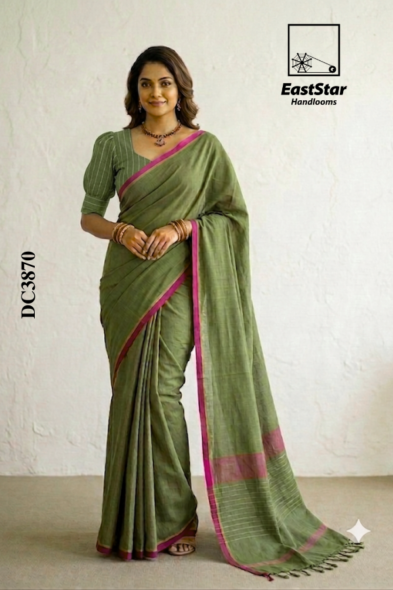 Olive Green Handloom Cotton Saree DC3870
