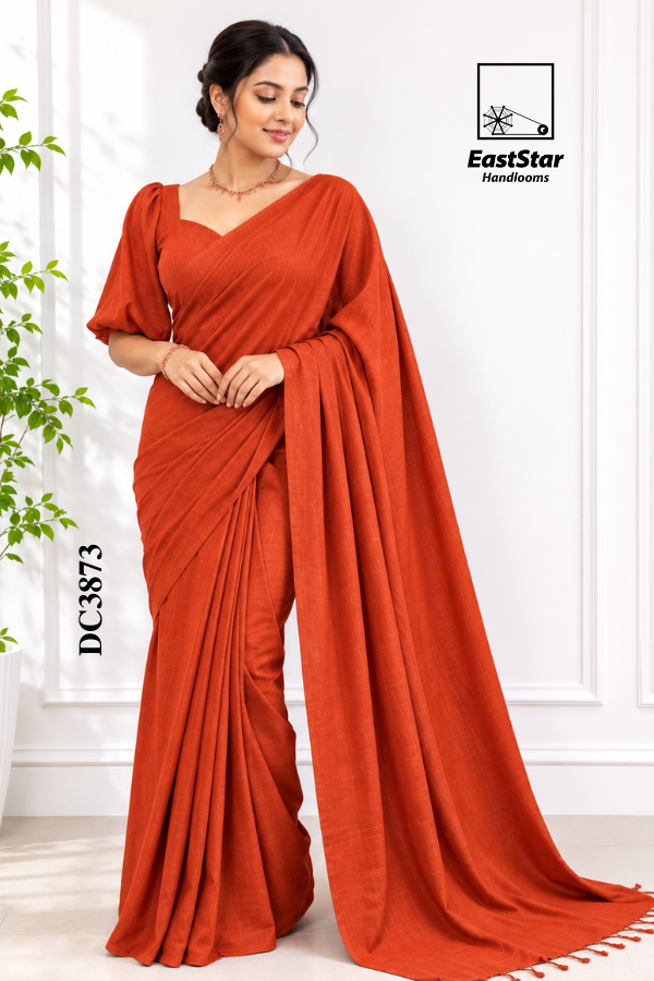 Rust-Orange Handloom Cotton Saree DC3873