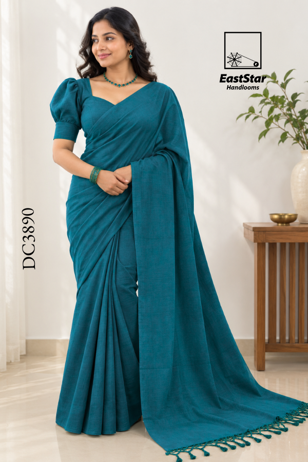 Peacock Blue Handloom Cotton Saree DC3890 Peacock Blue Handloom Cotton Saree DC3890