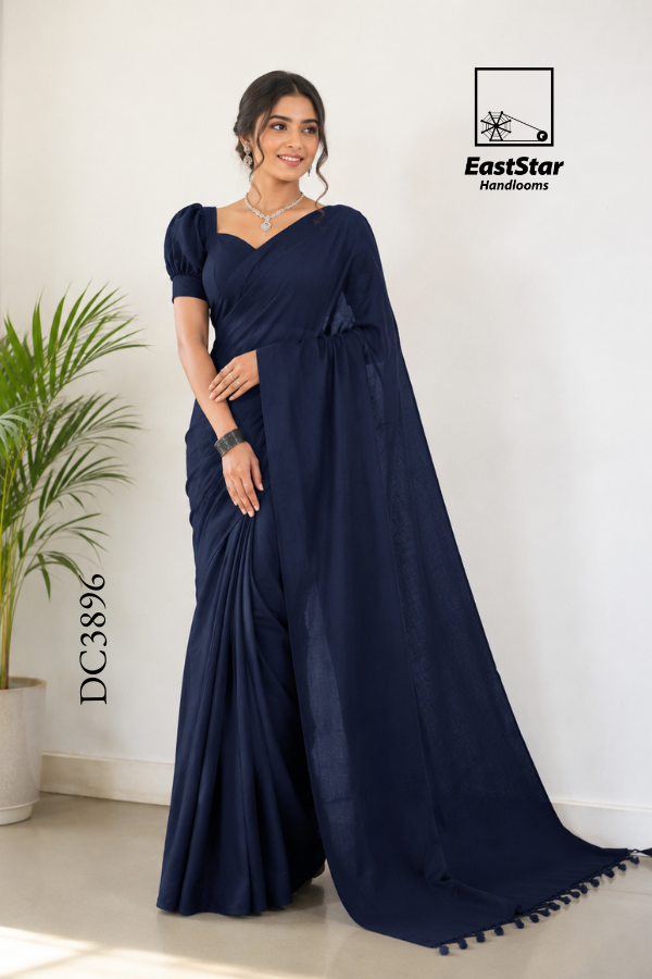 Navy Blue Handloom Cotton Saree DC3896 Navy Blue Handloom Cotton Saree DC3896