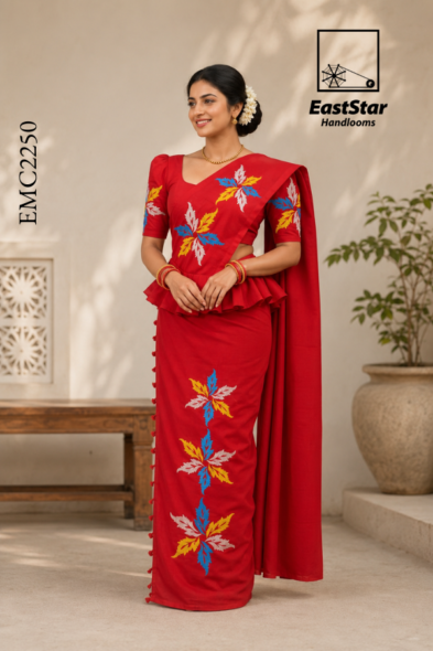 Red Handloom Embroidery Cotton Saree EMC2250