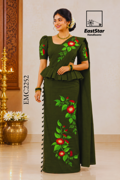 Deep Olive Green Embroidery Cotton Saree EMC2252