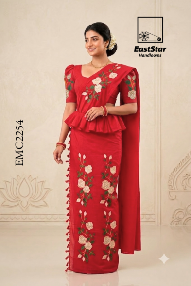 Red  Embroidery Cotton Saree EMC2254
