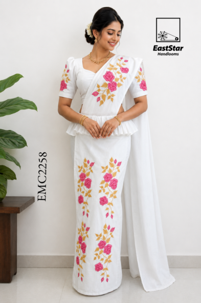 White Embroidery Cotton Saree EMC2258