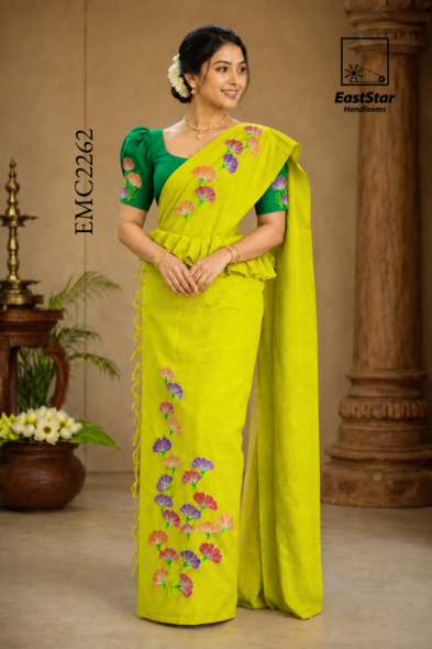 Lime Green Embroidery Cotton Saree EMC2262
