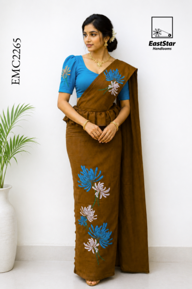 Brown Embroidery Cotton Saree EMC2265