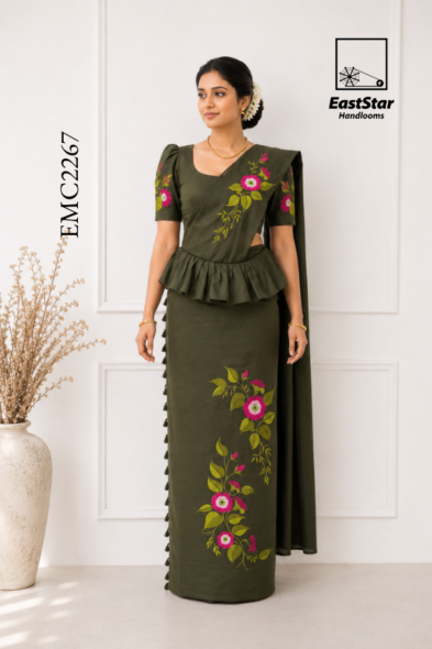 Olive Green  Embroidery Cotton Saree EMC2267