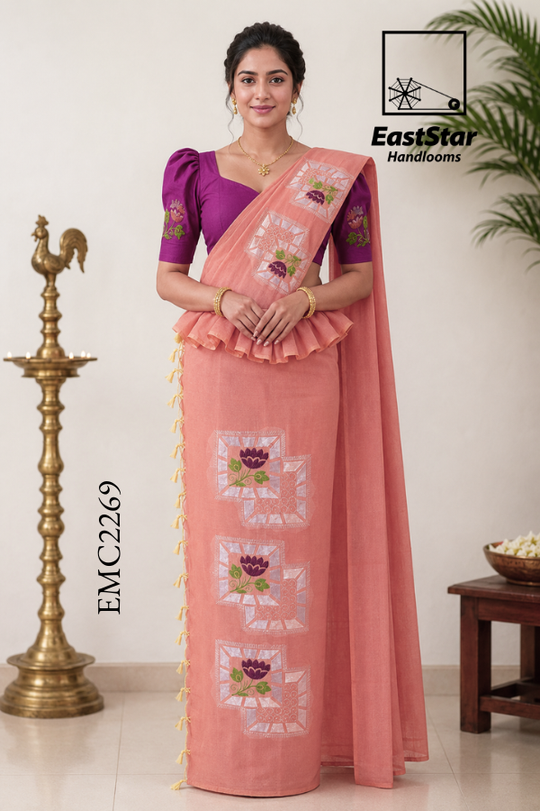 Soft Peach Handloom Embroidery Cotton Saree EMC2269 Soft Peach Handloom Embroidery Cotton Saree EMC2269