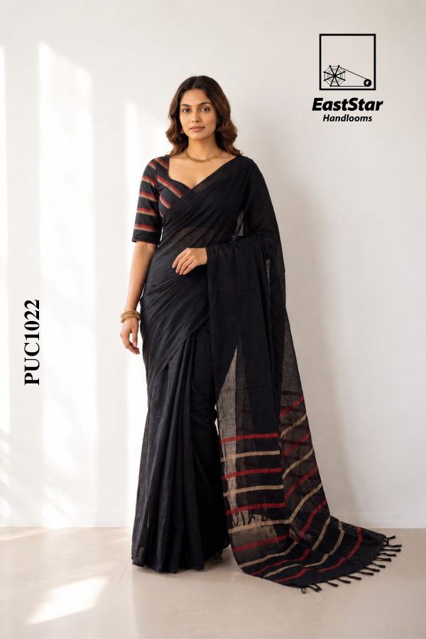 Black Handloom Cotton Saree PUC1022