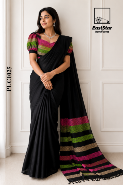 Black  Handloom Cotton Saree PUC1025