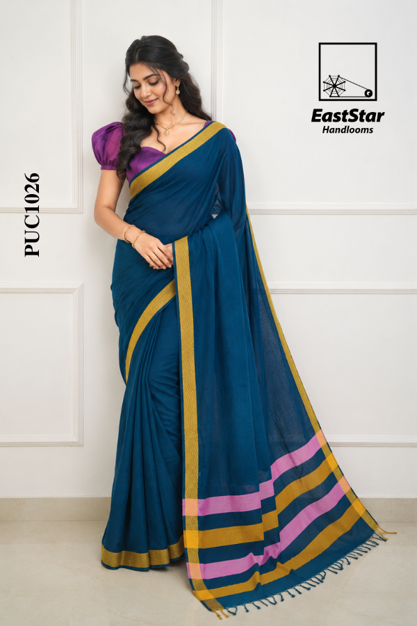Deep Teal Blue Handloom Cotton Saree PUC1026