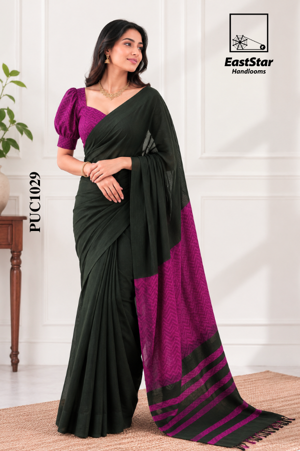 Deep Forest Green Handloom Cotton Saree PUC1029