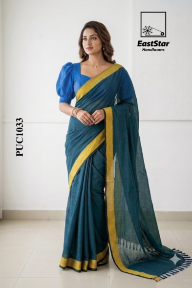 Teal Blue Handloom Cotton Saree PUC1033