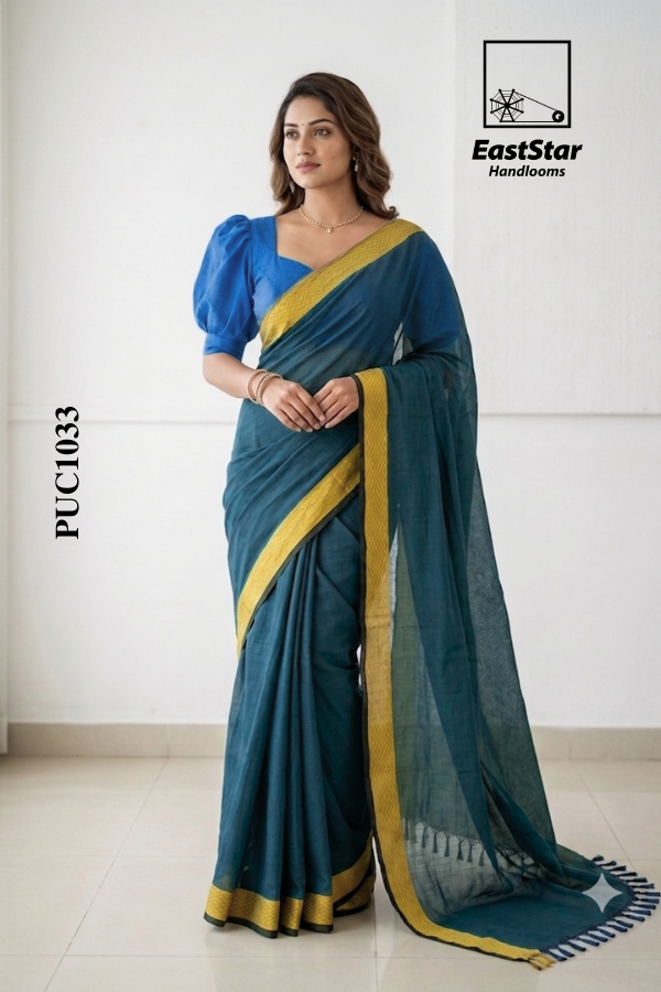 Teal Blue Handloom Cotton Saree PUC1033