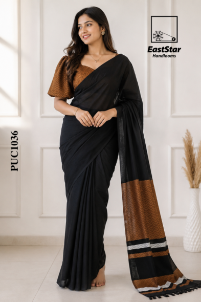 Black Handloom Cotton Saree PUC1036