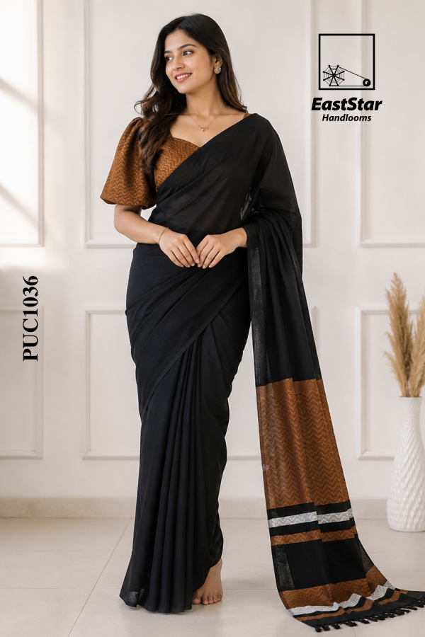 Black Handloom Cotton Saree PUC1036